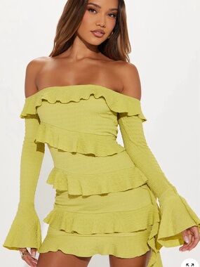 Fashion Nova Lime Off-Shoulder Ruffle Long Sleeve Mini Dress